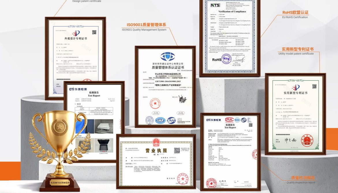 军之甲资质墙：ISO9001 质量管理体系、RoHS 认证、IP7 防水与 IP6 防尘检测报告、专利证书与营业执照